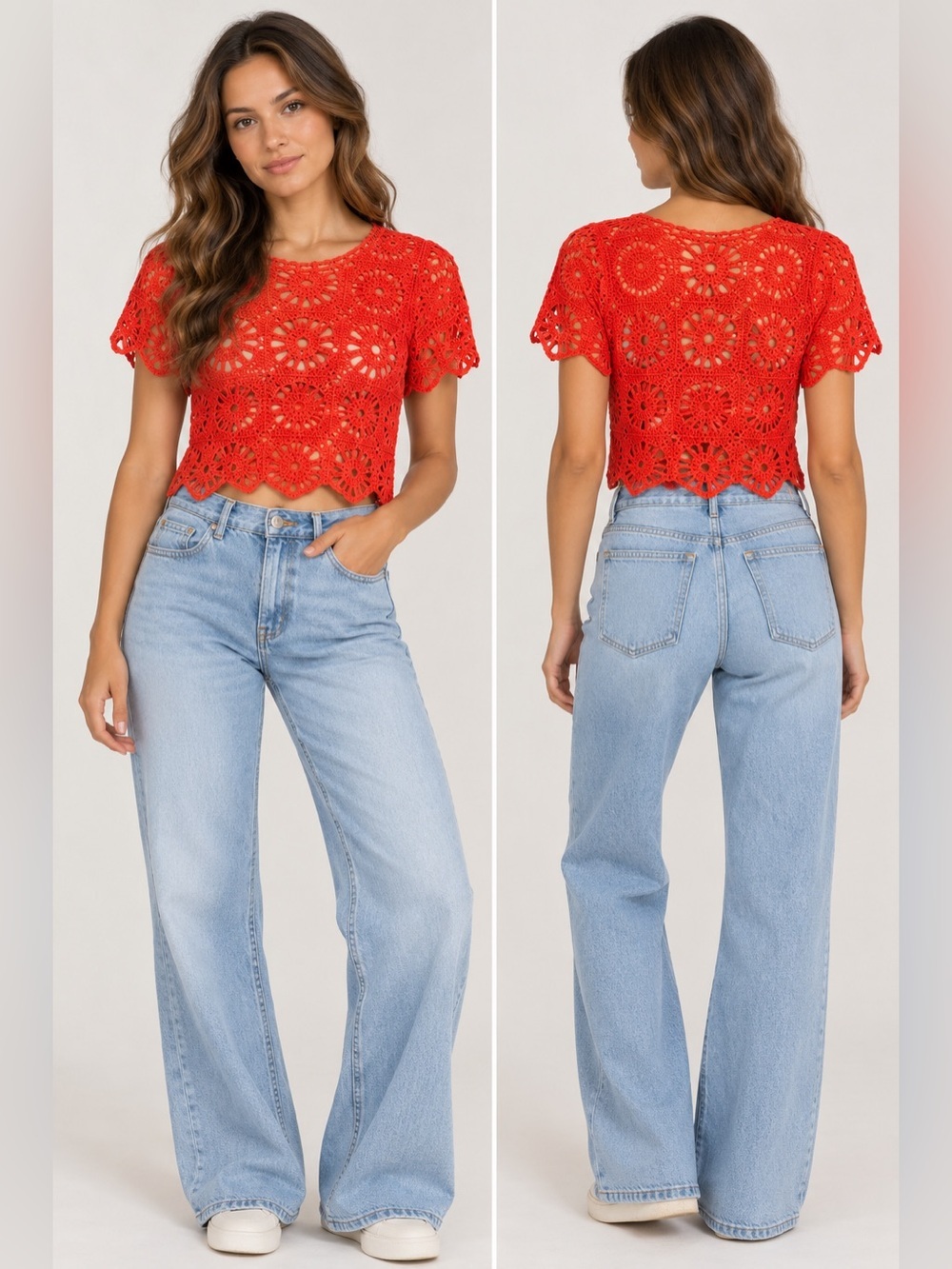 GT-0162 Rebellion M Red Orange Crochet Granny Square Crop Top Boho Festival